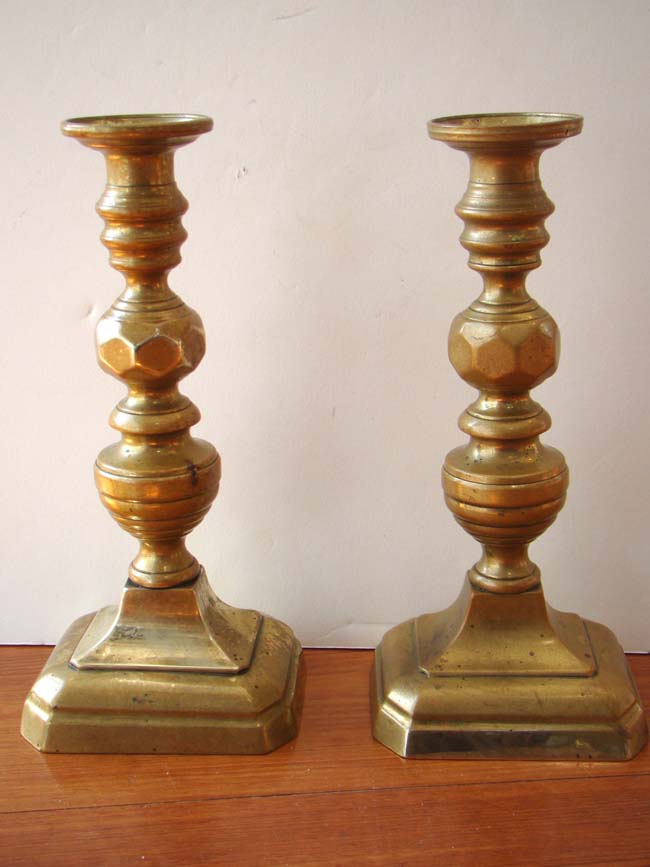A fine pair of 19th century English brass beehive form candlesticks with diamond faceted knob circa 1875